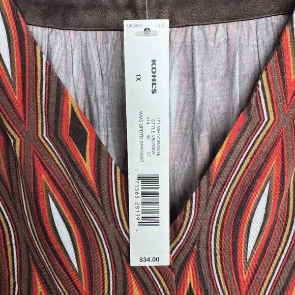 Vintage Y2K Babydoll Apt. 9 Brown Red Geometric Top Womens Size 1X - Picture 4 of 8